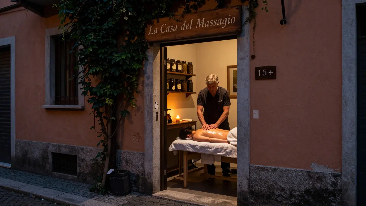 A hidden massage studio in Navigli, Milan, with a skilled therapist performing deep tissue work by candlelight, surrounded by herbal jars.