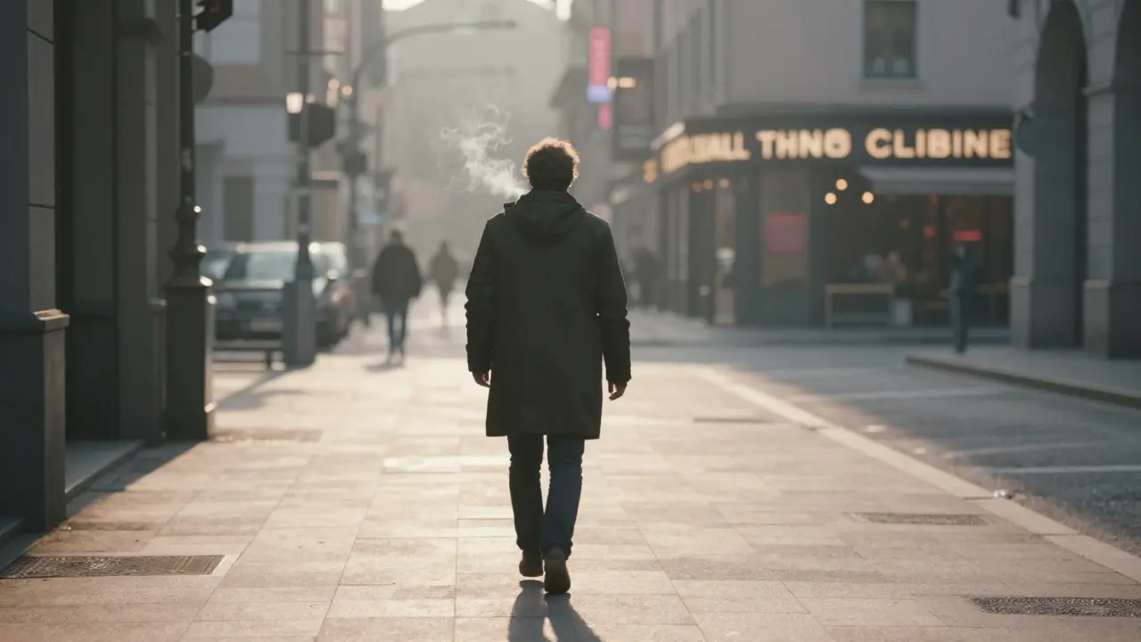 A person walking away from a nightclub at dawn, alone but transformed by the night.