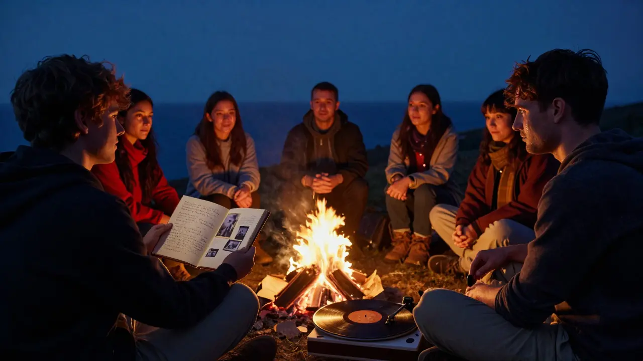 A quiet campfire circle after a hike, a handmade book of memories passed around in soft firelight.