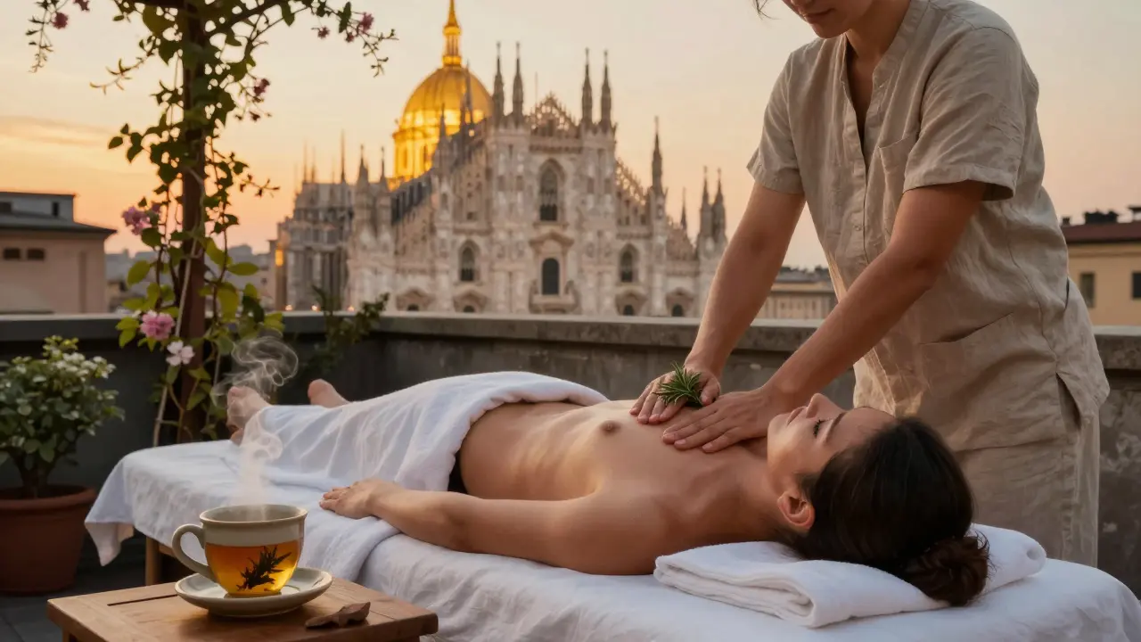 A rooftop massage in Brera, Milan, with the Duomo glowing at sunset as a therapist applies oil to a relaxed client.