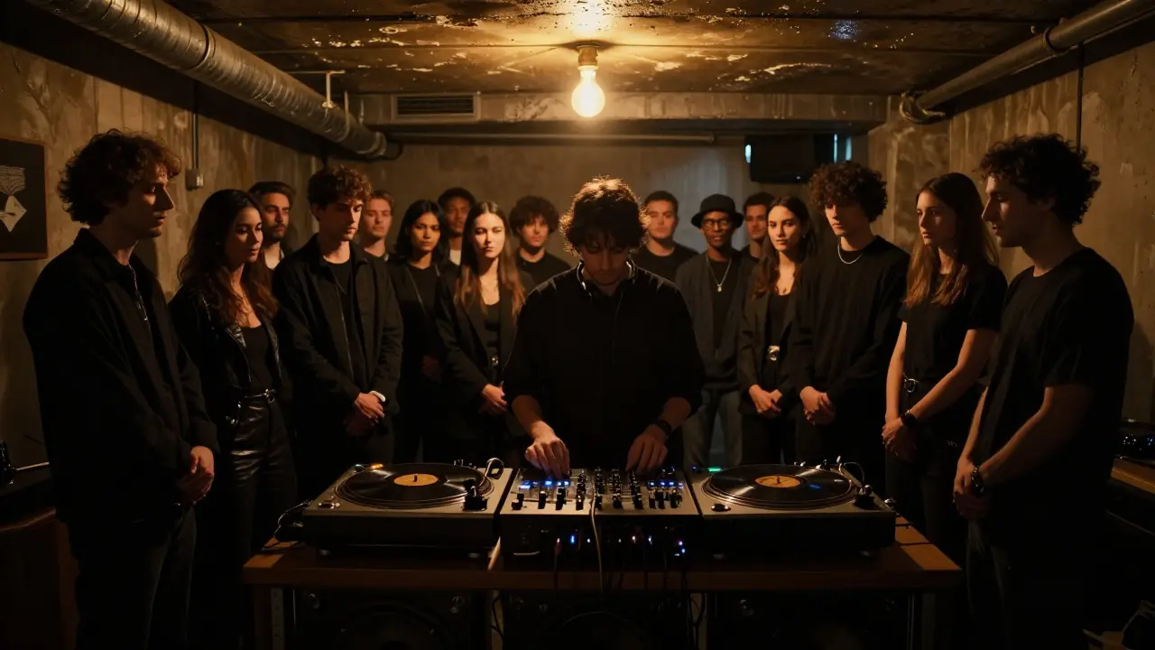 A small group in a VIP room listening intently as a subwoofer vibrates the air at 3 a.m.