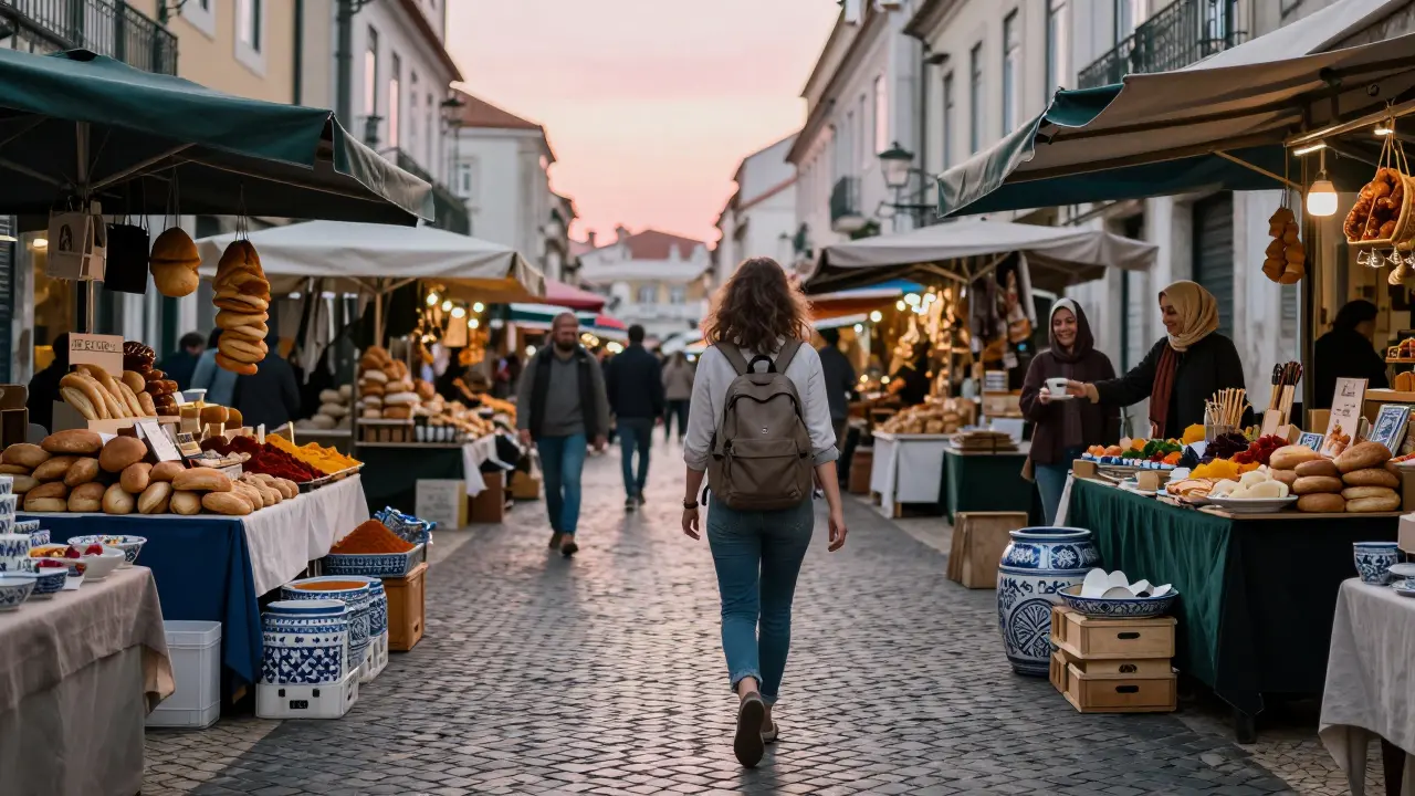 A solo traveler walks through a quiet Lisbon market at dawn, offered coffee by a local woman.
