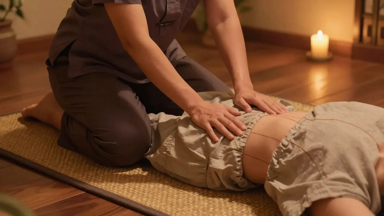 A Thai massage therapist applying rhythmic pressure on a client during a floor-based session in a candlelit room.