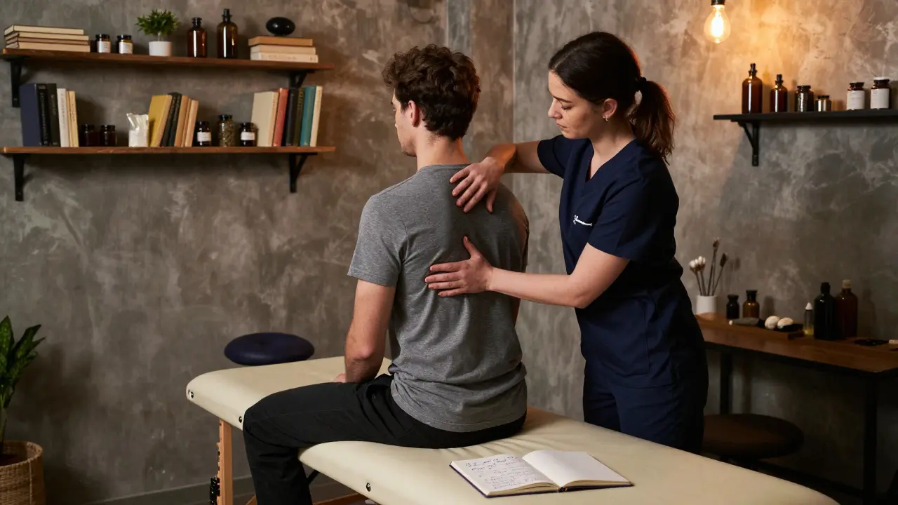 A therapist using myofascial release on a client in a cozy Navigli studio with handwritten notes visible.