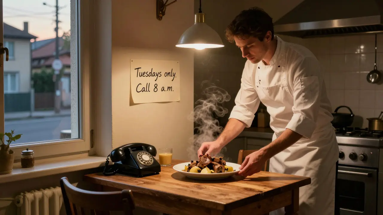 A tiny hidden kitchen in Niguarda where a chef serves veal cheeks with pear and juniper, under dawn light and a handwritten 'Tuesdays only' note.