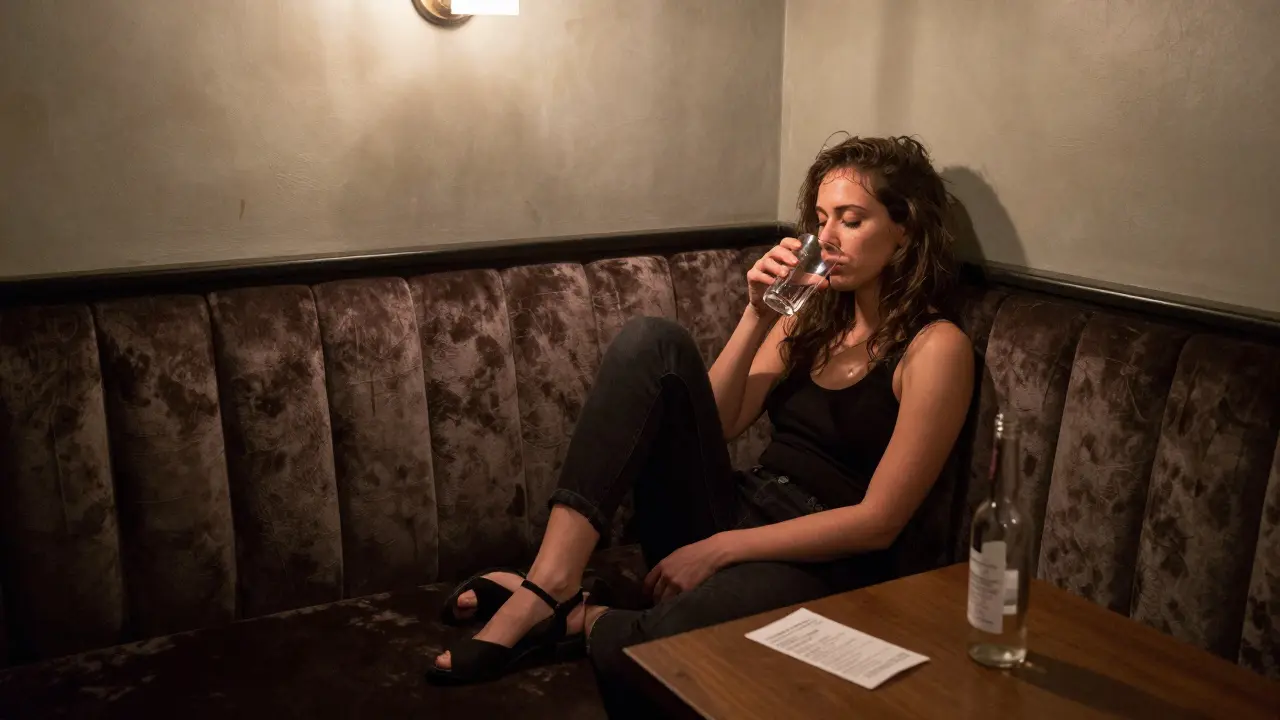 A tired dancer sitting alone in a VIP booth, drinking water, tip receipt visible on the table.