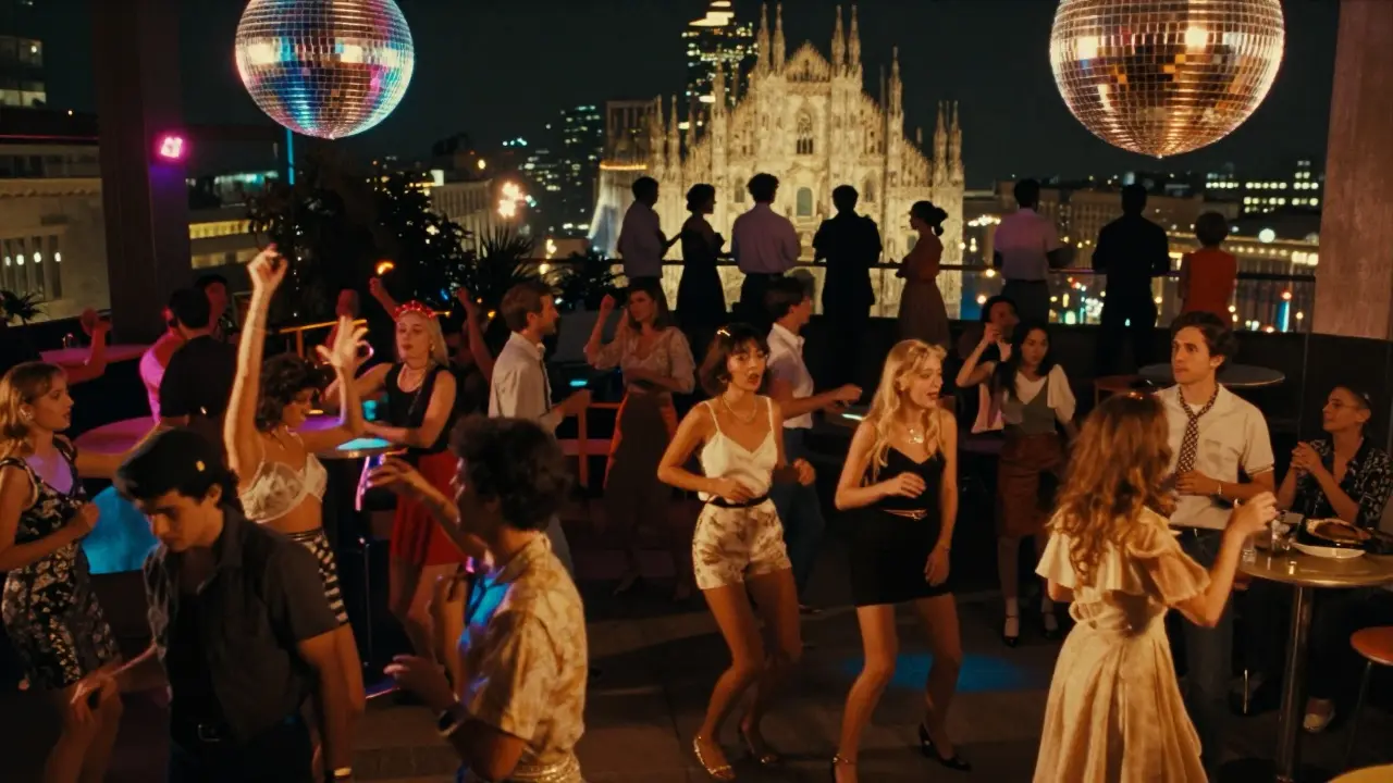 A vibrant nightclub with three floors and a rooftop terrace, lit by neon and disco balls.