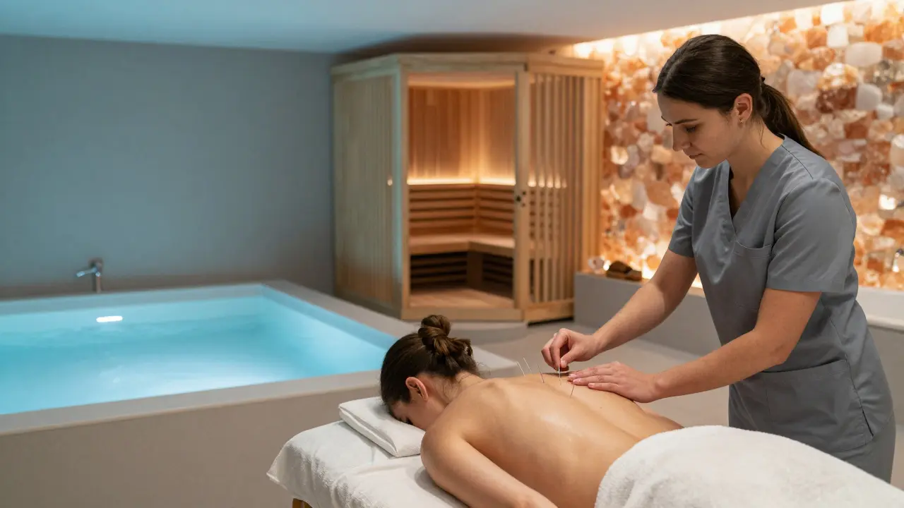 A wellness center with hydrotherapy pool and acupuncturist performing treatment in a modern, minimalist space.