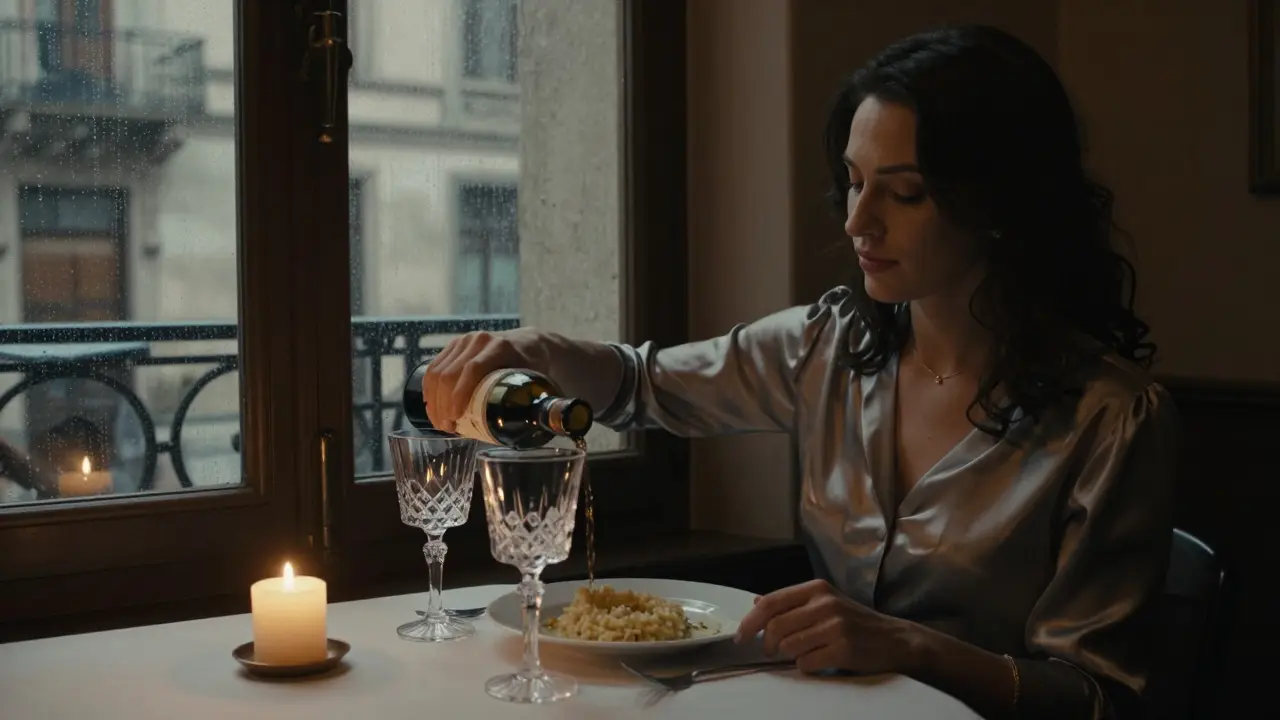 A woman pouring wine at a quiet restaurant table in Milan, candlelight reflecting on crystal glass.