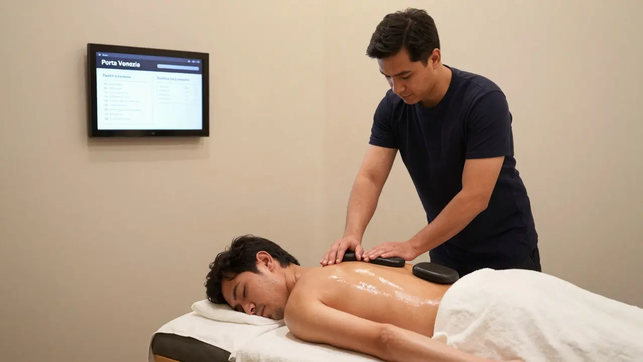 An athlete receiving a deep-tissue sports massage with heated stones in a minimalist Milan spa.