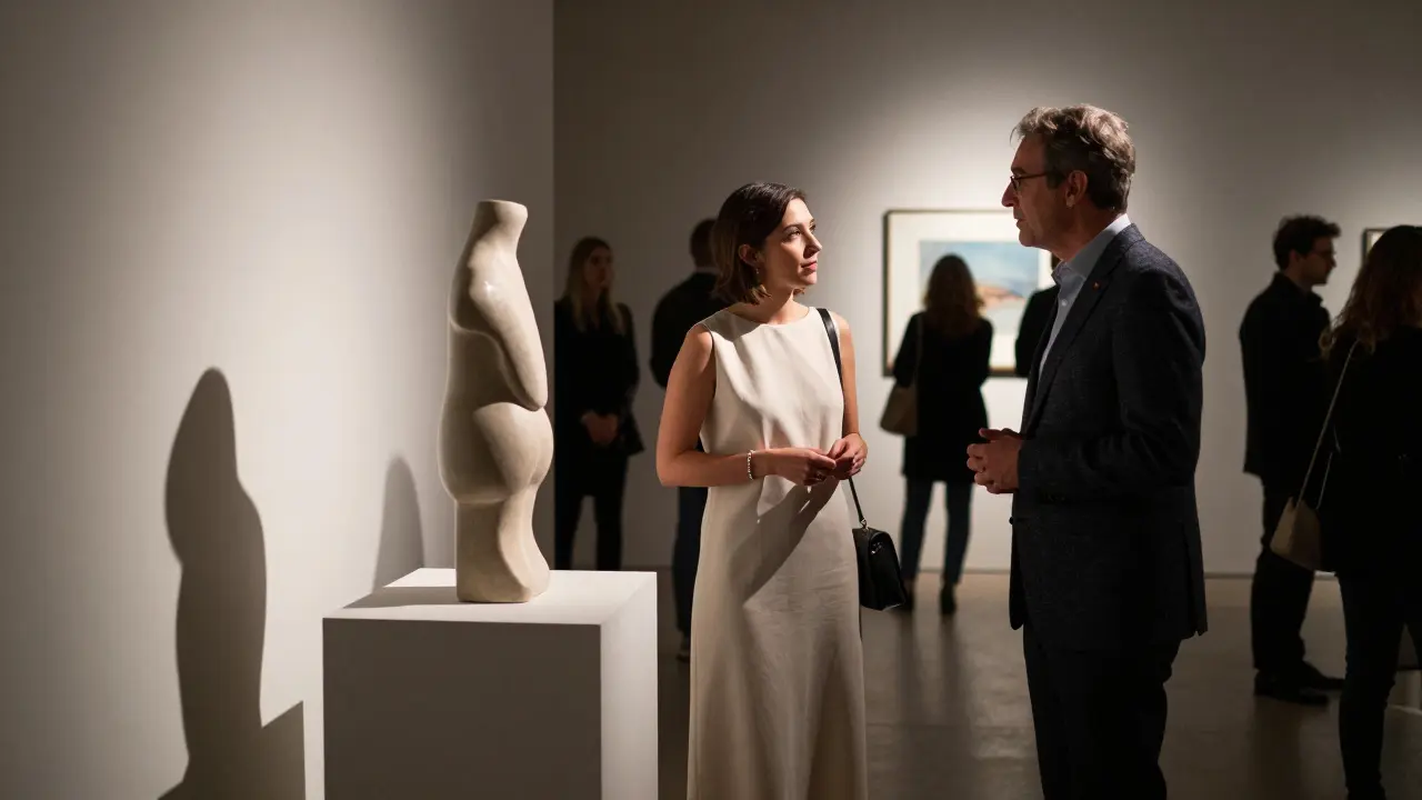 An elegant woman conversing with a man at a private art gallery opening during Milan Design Week.