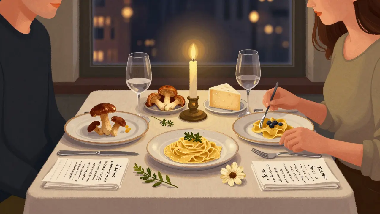 An intimate candlelit dinner at Il Luogo di Aimo e Nadia with no menu, only fresh seasonal ingredients arranged on ceramic plates.