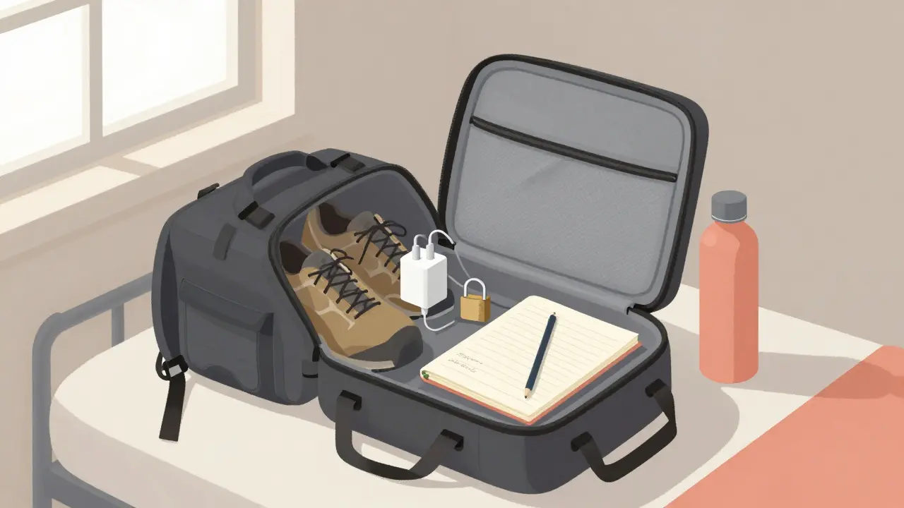 An open minimalist travel backpack with essential items: charger, adapter, lock, water bottle, and notebook.