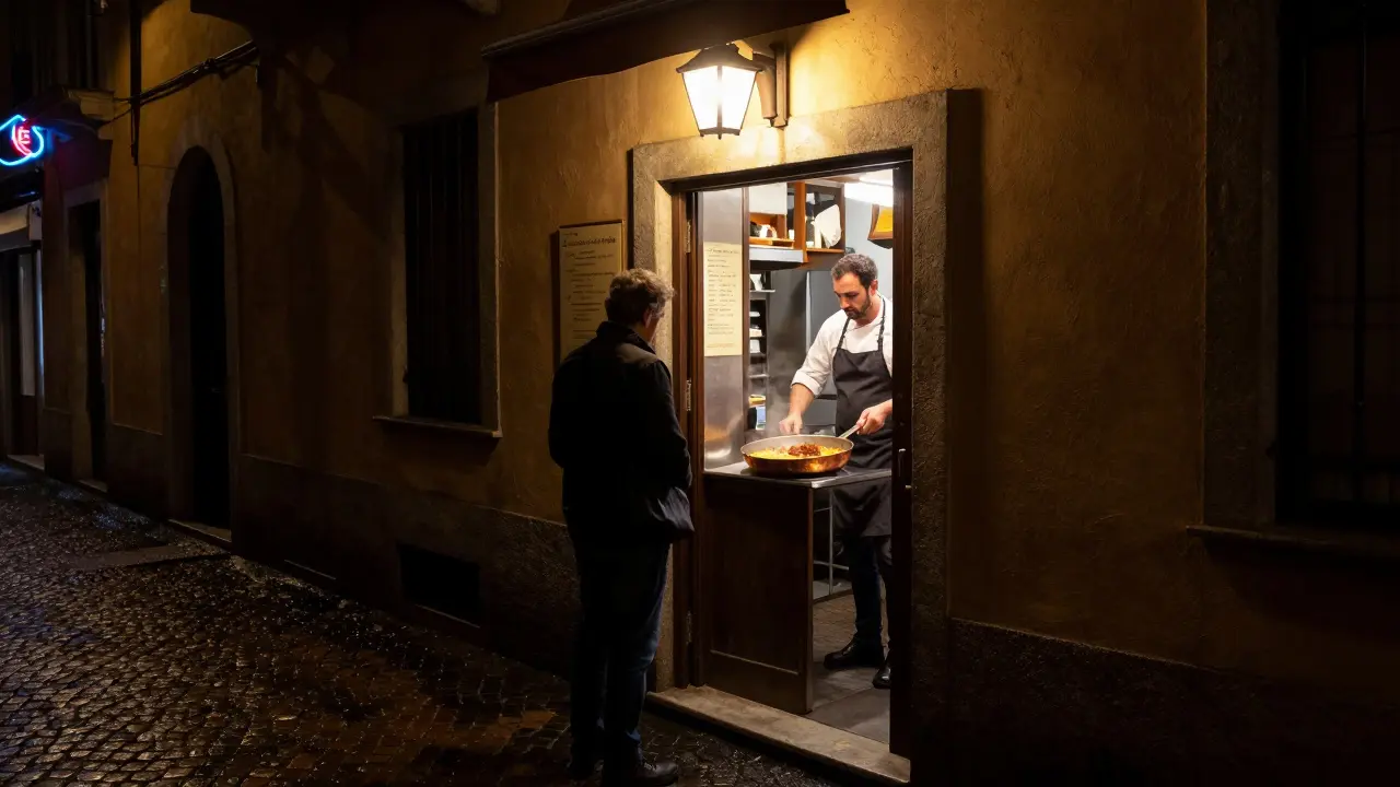 An unmarked alleyway entrance to a late-night osteria, glowing with the scent of risotto and steam from the kitchen.