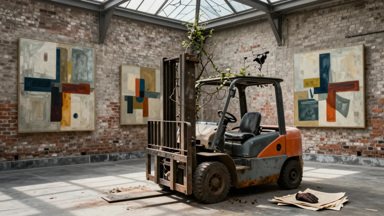 Artists' murals on brick walls inside an abandoned warehouse, with a rusted forklift repurposed as a sculpture.