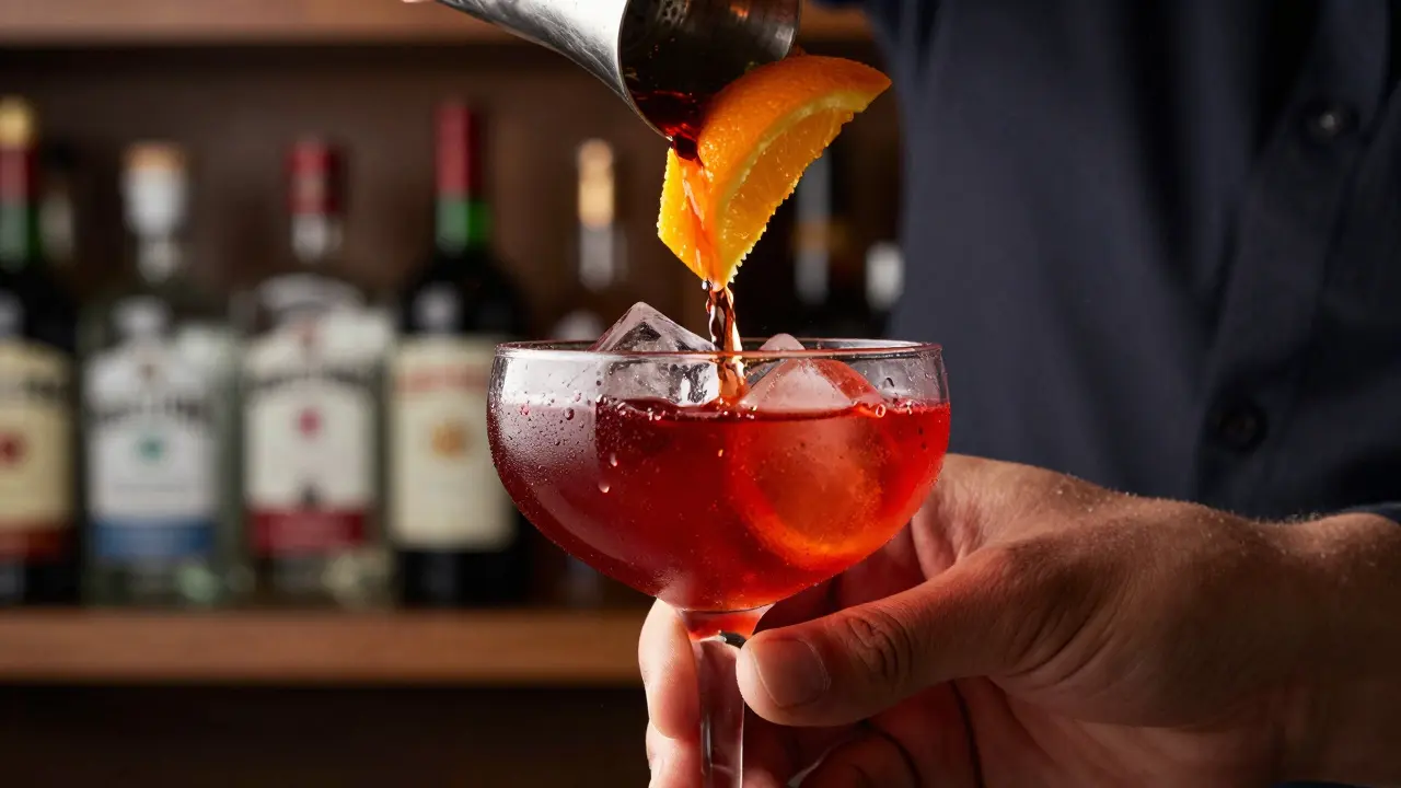 Close-up of a bartender pouring a red cocktail into a chilled coupe glass with ice.