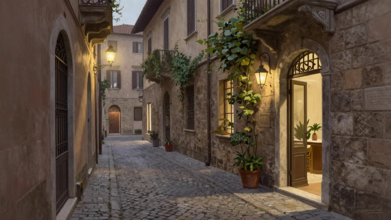 Cobblestone alley in Brera district with warm lantern light