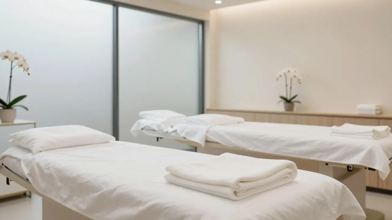 Empty luxury treatment room with fresh white linens and plants.