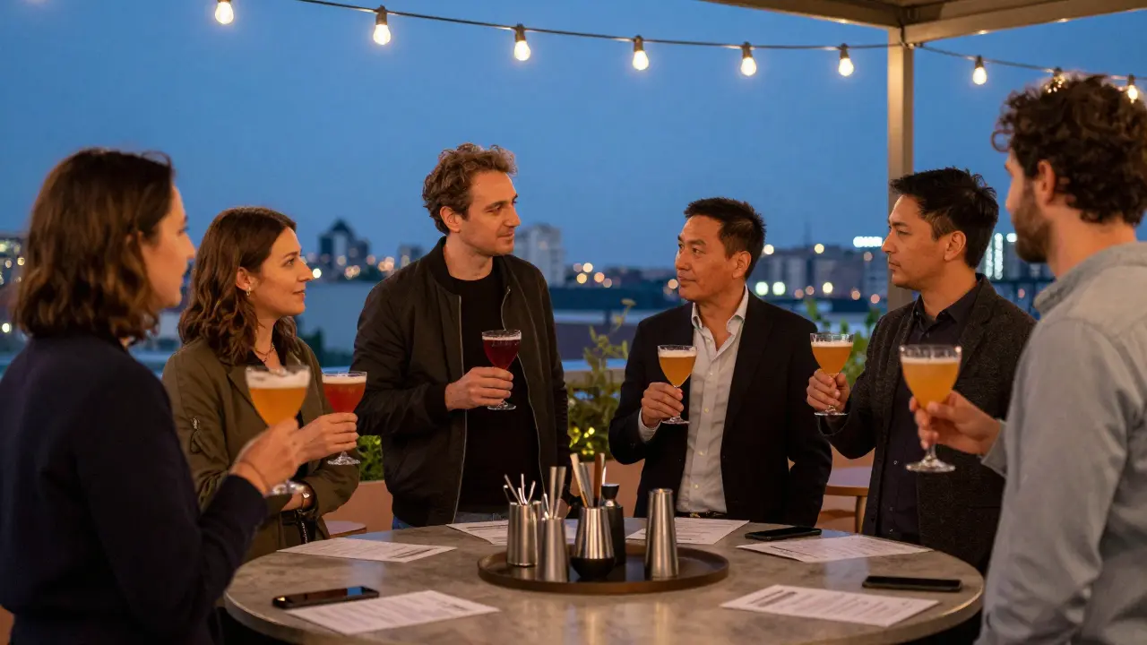 Group of people enjoying cocktails at a rooftop bar in Milan at twilight.