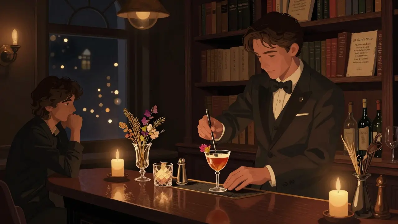 Hidden speakeasy in Brera with a bartender crafting an artistic cocktail behind a bookshelf door.