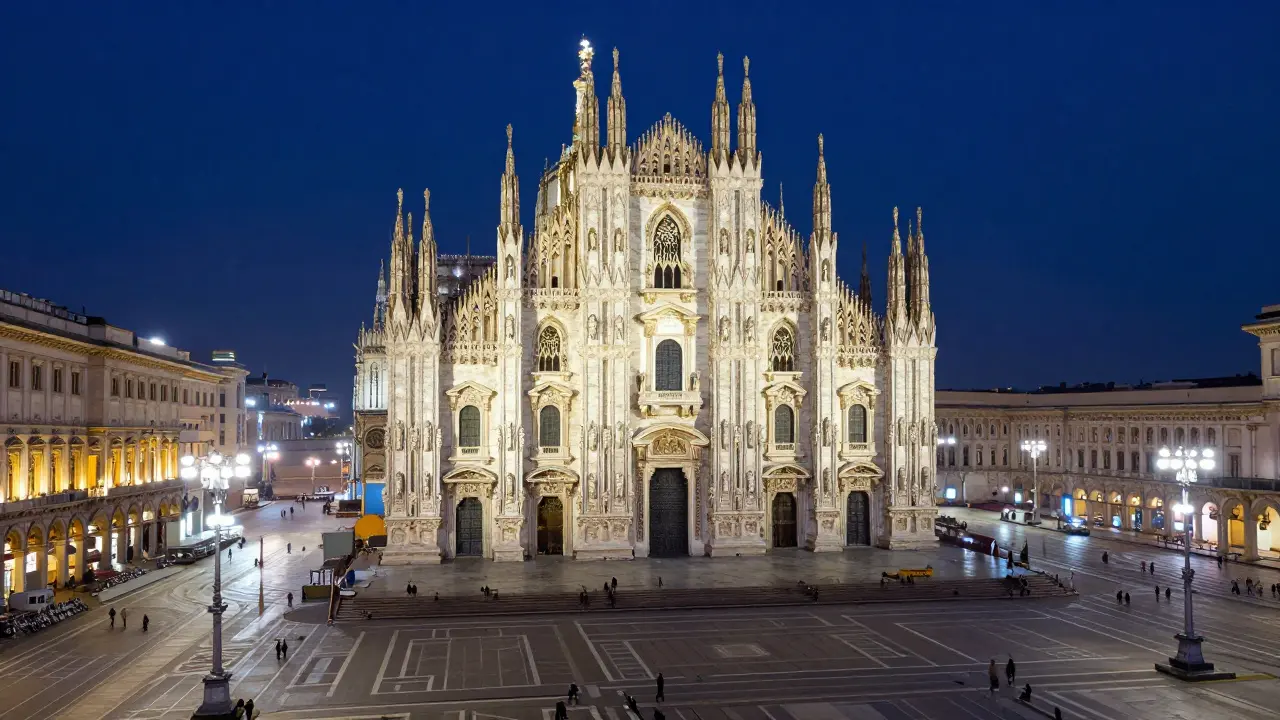 Illuminated Duomo di Milano facade at night in the spacious Piazza del Duomo square.