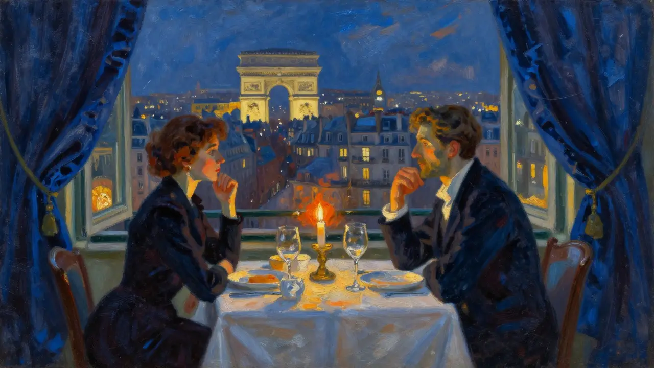 Impressionist painting of a candlelit dinner table overlooking a city landmark.