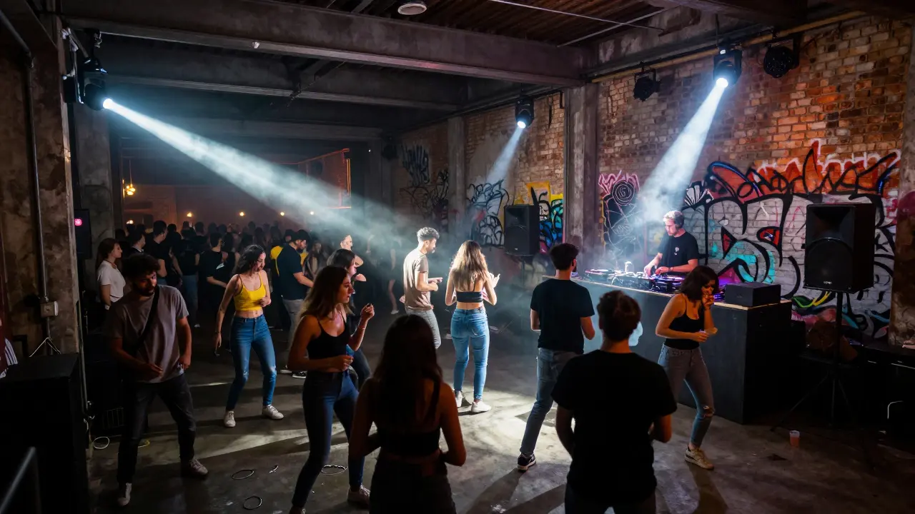 Industrial warehouse club with dancers under strobe lights, raw techno music, and graffiti walls.