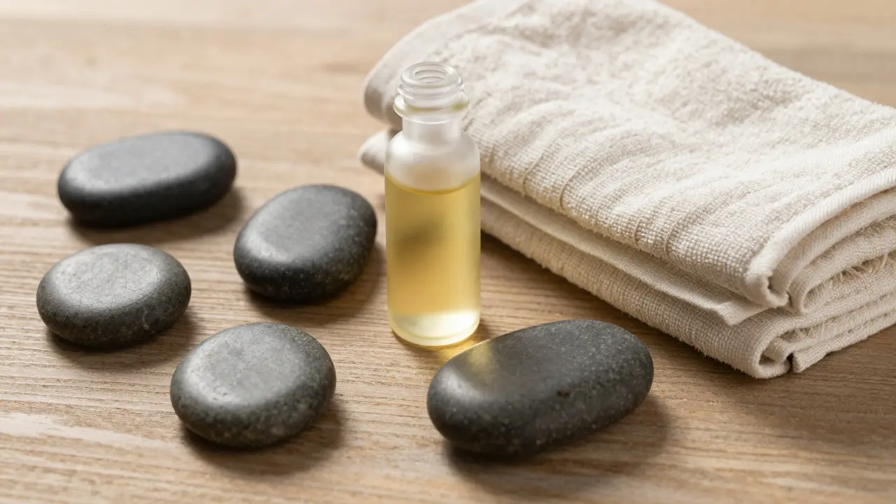 Macro view of smooth black stones and oil bottle on wood surface
