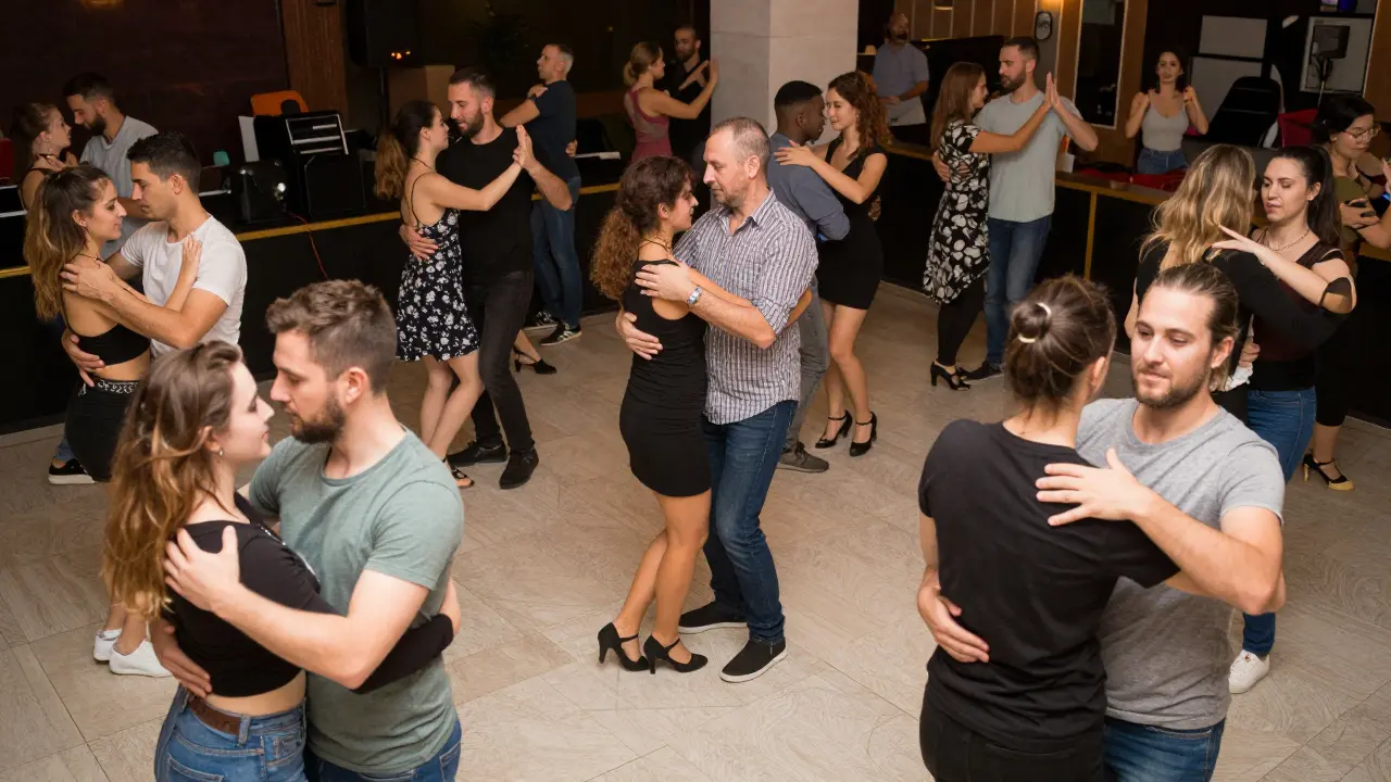 Mixed age groups rotating dance partners