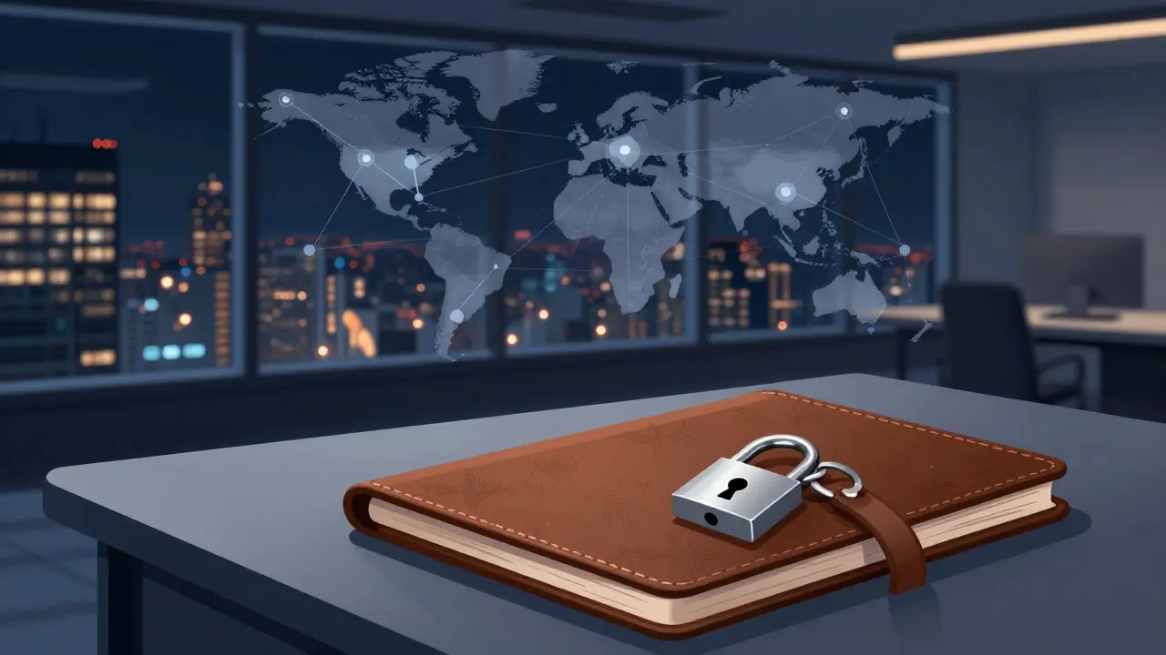 Modern agency office interior with a portfolio and city skyline view at night.