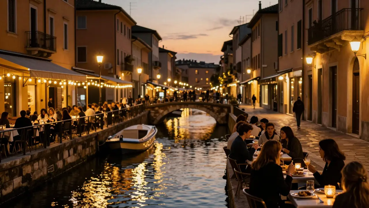Navigli canal district at night with lights reflecting on water and outdoor dining.