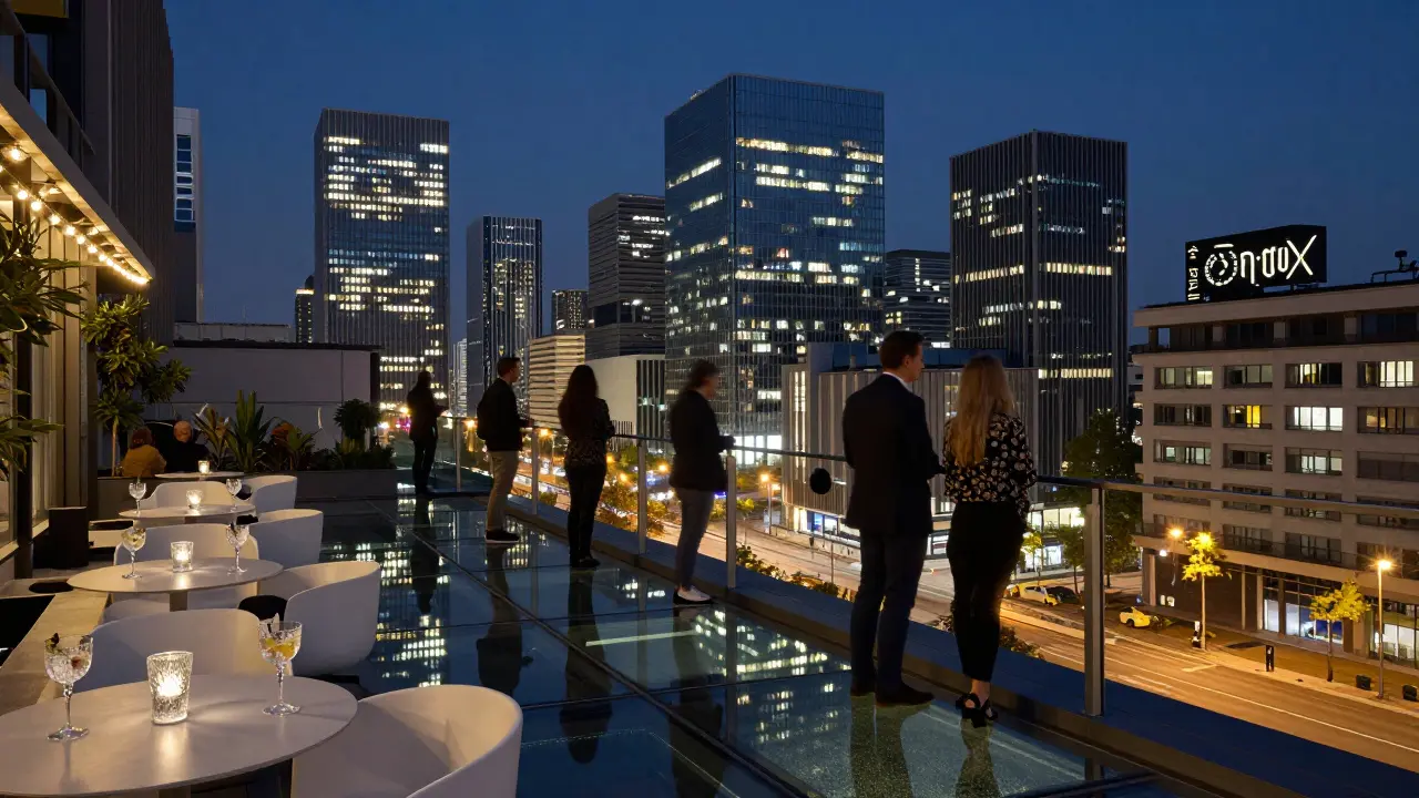 People on a rooftop terrace in Milan gazing down through a glass floor at the city lights below at night.
