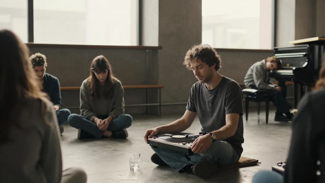People sitting quietly on the floor at dawn, listening to a vinyl record played on a vintage turntable.