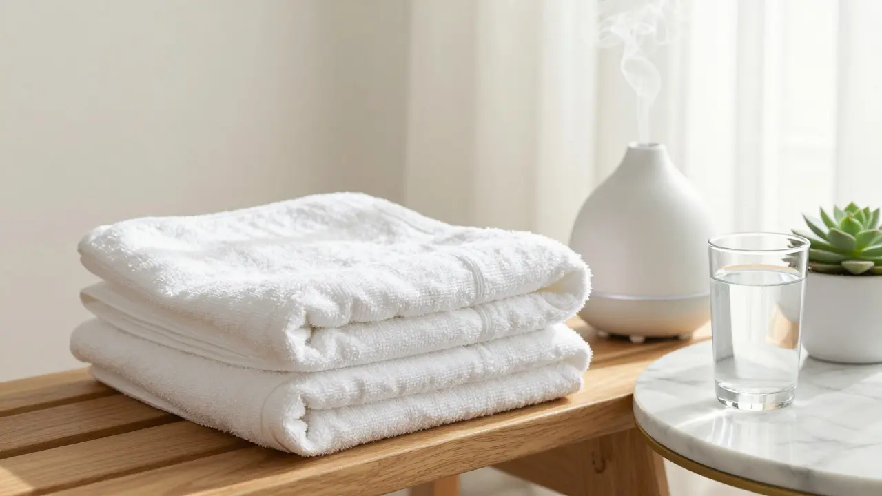 Pristine spa room with folded linens and water glass