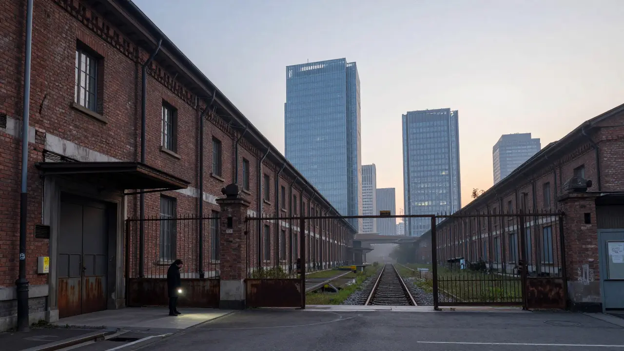 The massive old warehouse building at dawn, surrounded by modern skyscrapers, with a lone figure near its rusted entrance.