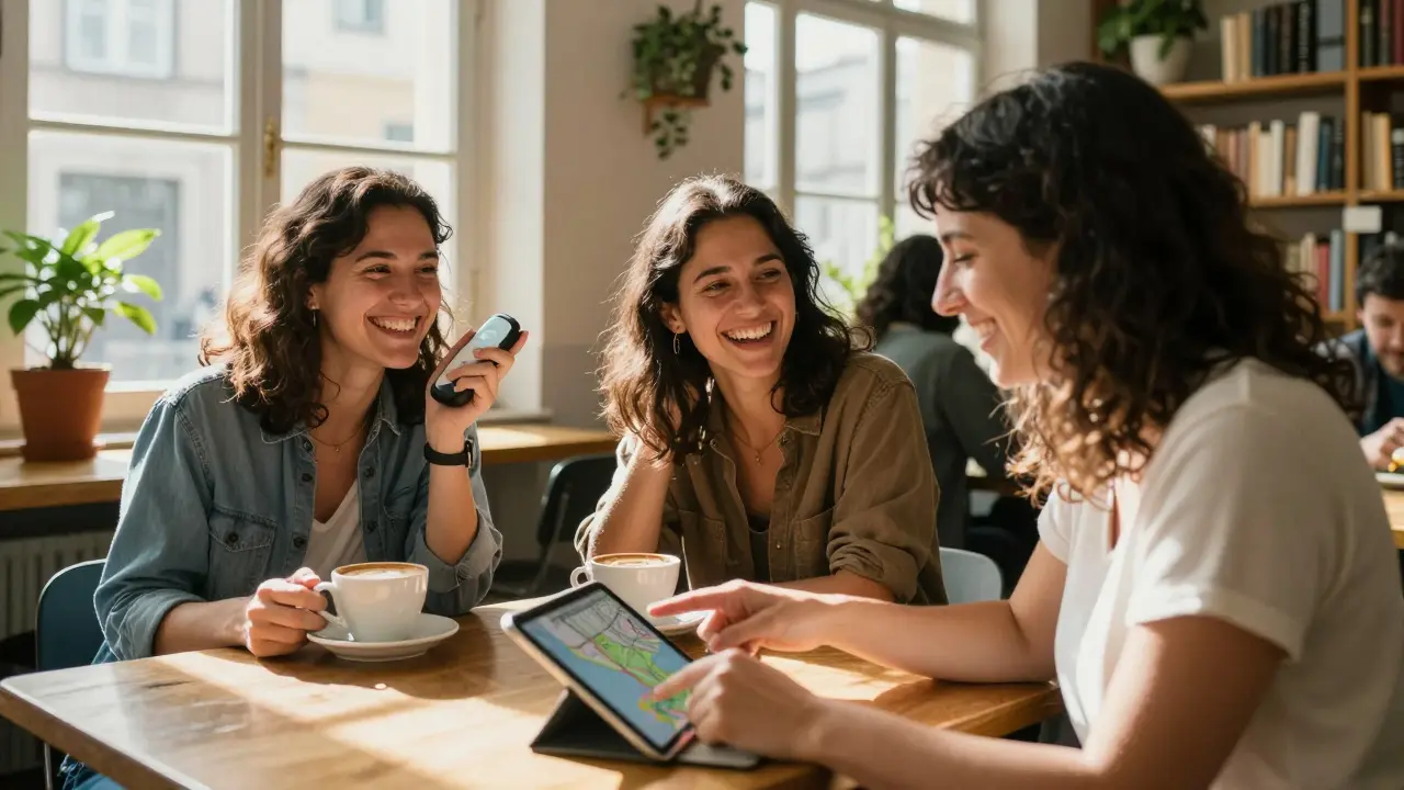 Three women laugh over coffee at a Lisbon hostel, one pointing at a map, sunlight streaming through windows.