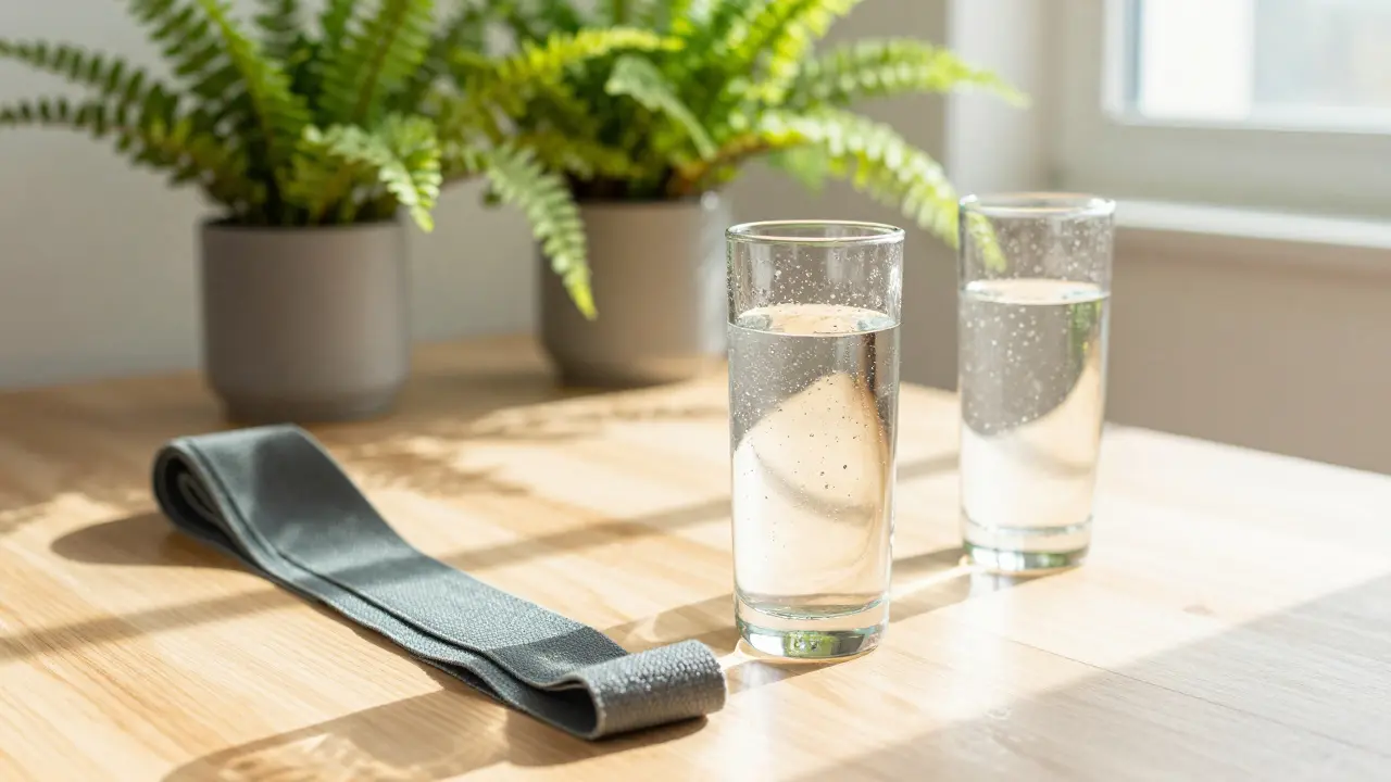 Water glasses and yoga strap on table for hydration and recovery