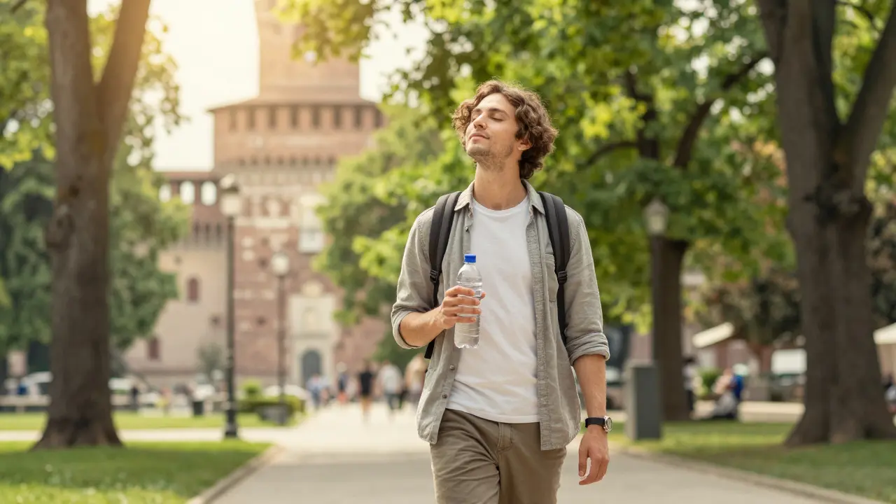 Woman drinking water peacefully in Milan park after relaxation.