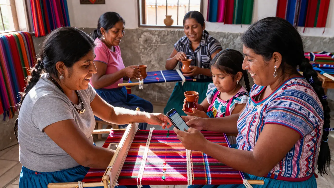 Women from different backgrounds weave textiles together in an Oaxacan workshop, exchanging knowledge and culture.