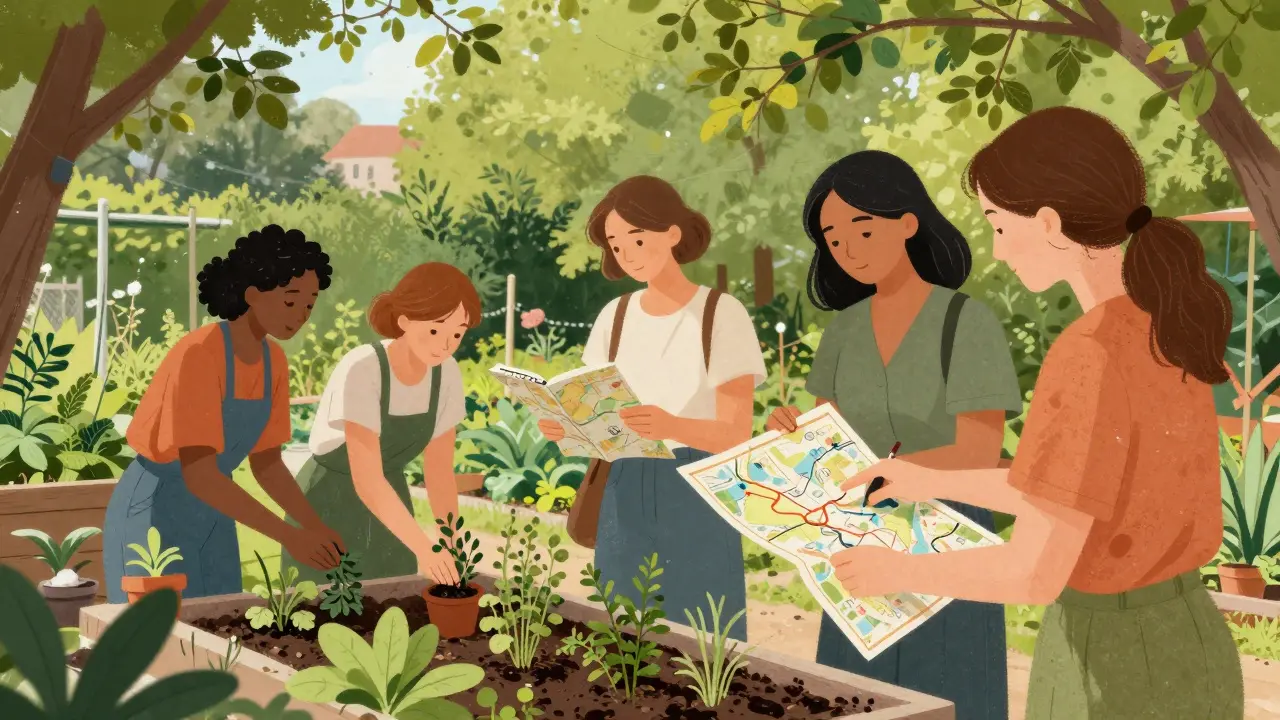 Women planting herbs and sharing travel maps in a Berlin community garden under trees.